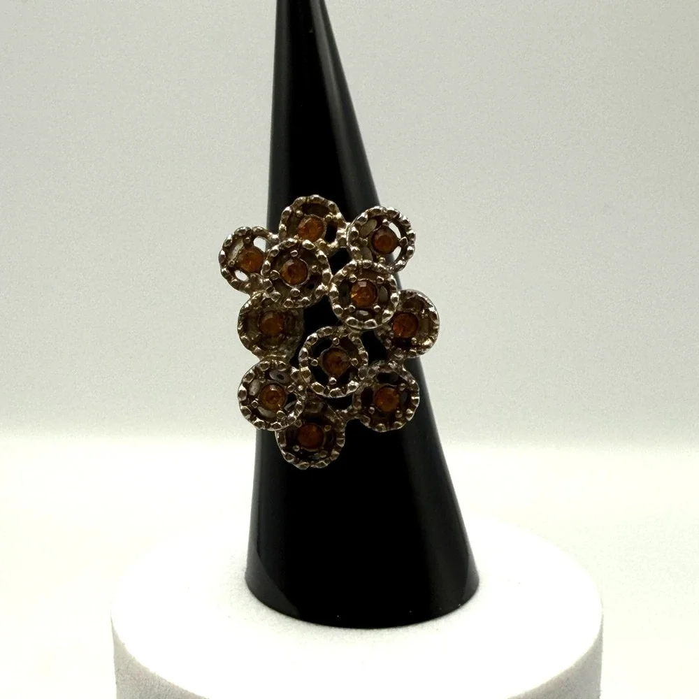 Vintage Brutalist Silver Tone Amber Rhinestone Cluster Adjustable Statement Ring